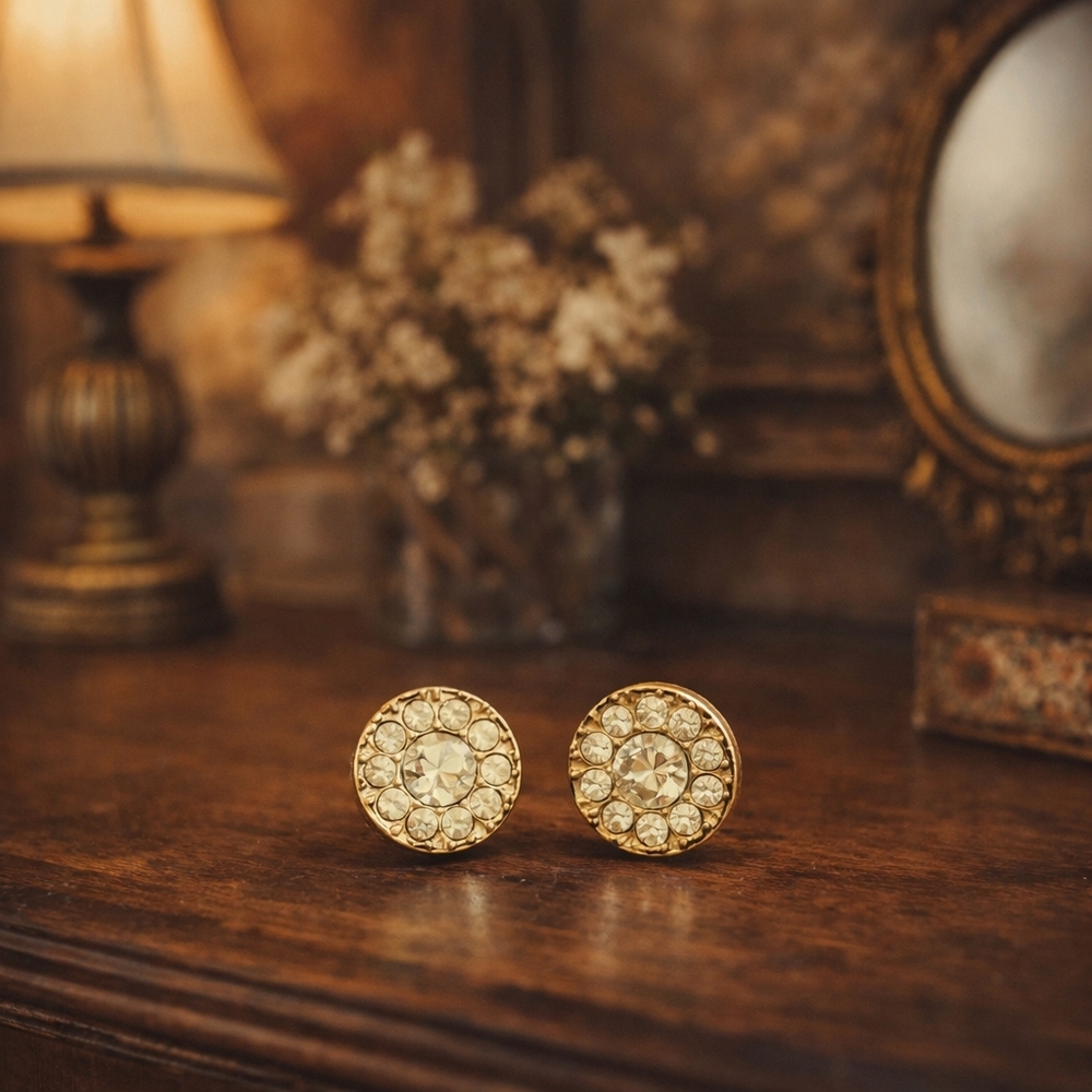 Elegant Golden Crystal Stud Flower Pattern Earrings - Pre-loved
